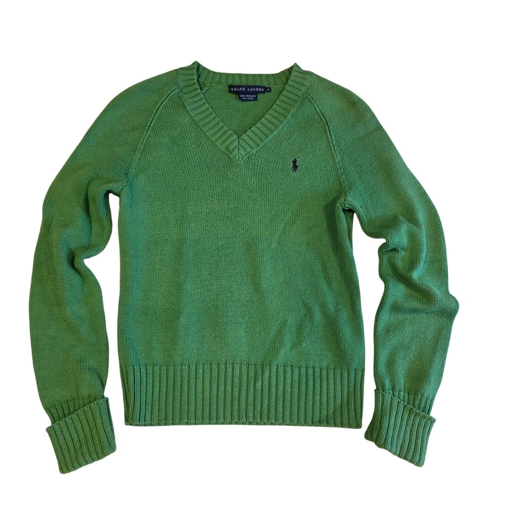 Ralph Lauren Green Cotton V-Neck Sweater Navy Pony Logo Size M